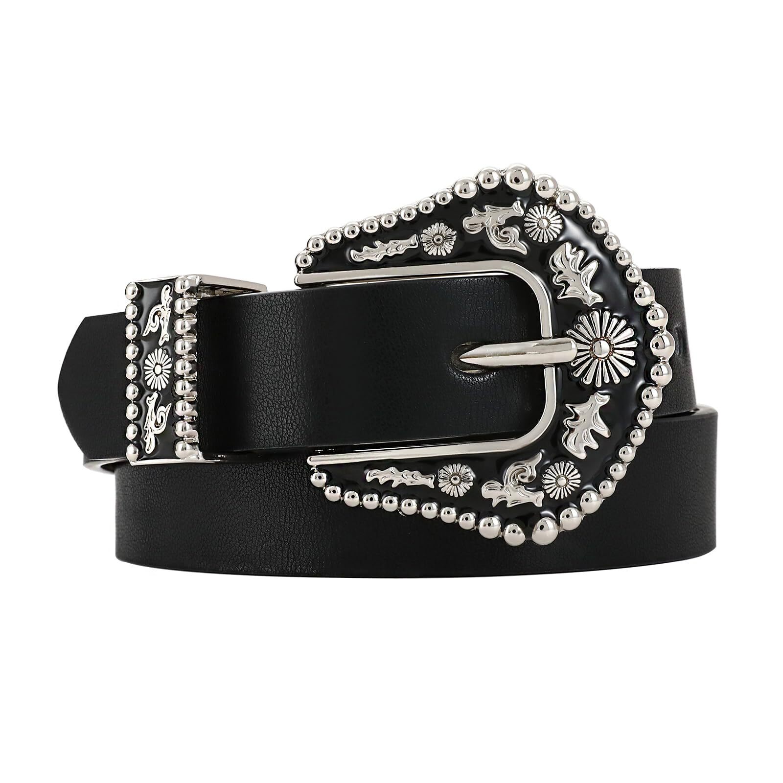 1191 Women's Black Leather Belt Vintage Western Cowboy Style Buckle Waist